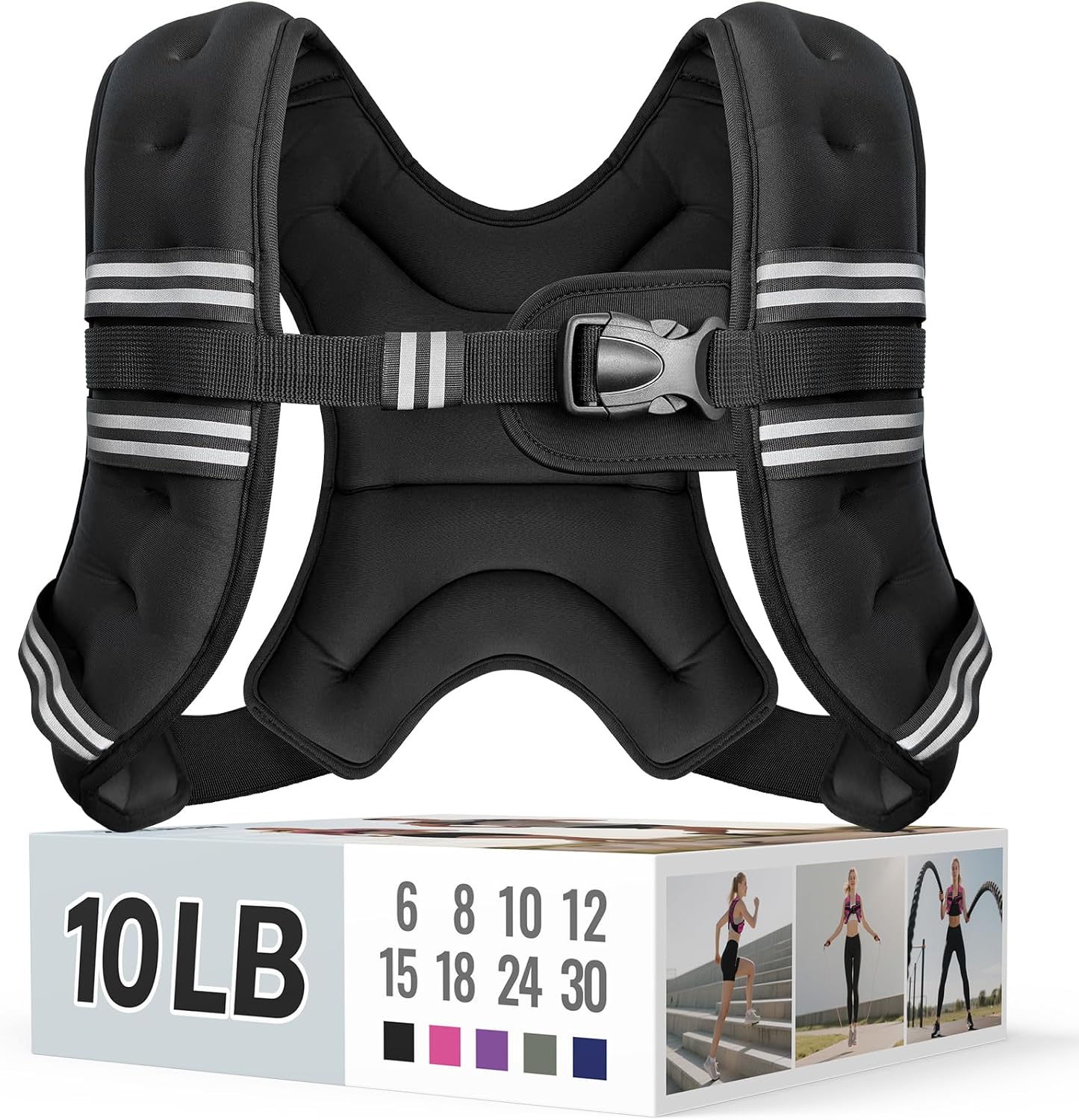 Weighted vest, 6lb/8lb/10lb/12lb/15lb/18lb/20lb/24lb/30lb for men women, reflective stripe adjustable buckle, comfortable durable rucking vest for walking running strength training