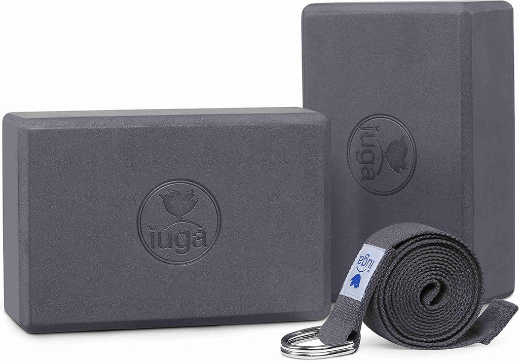Yoga Blocks 2 Pack With Strap Non Slip High Density 9"x6"x3" Solid & Cork Yoga Block With Yoga Strap to Improve Strength Balance for Yoga Pilates Meditation