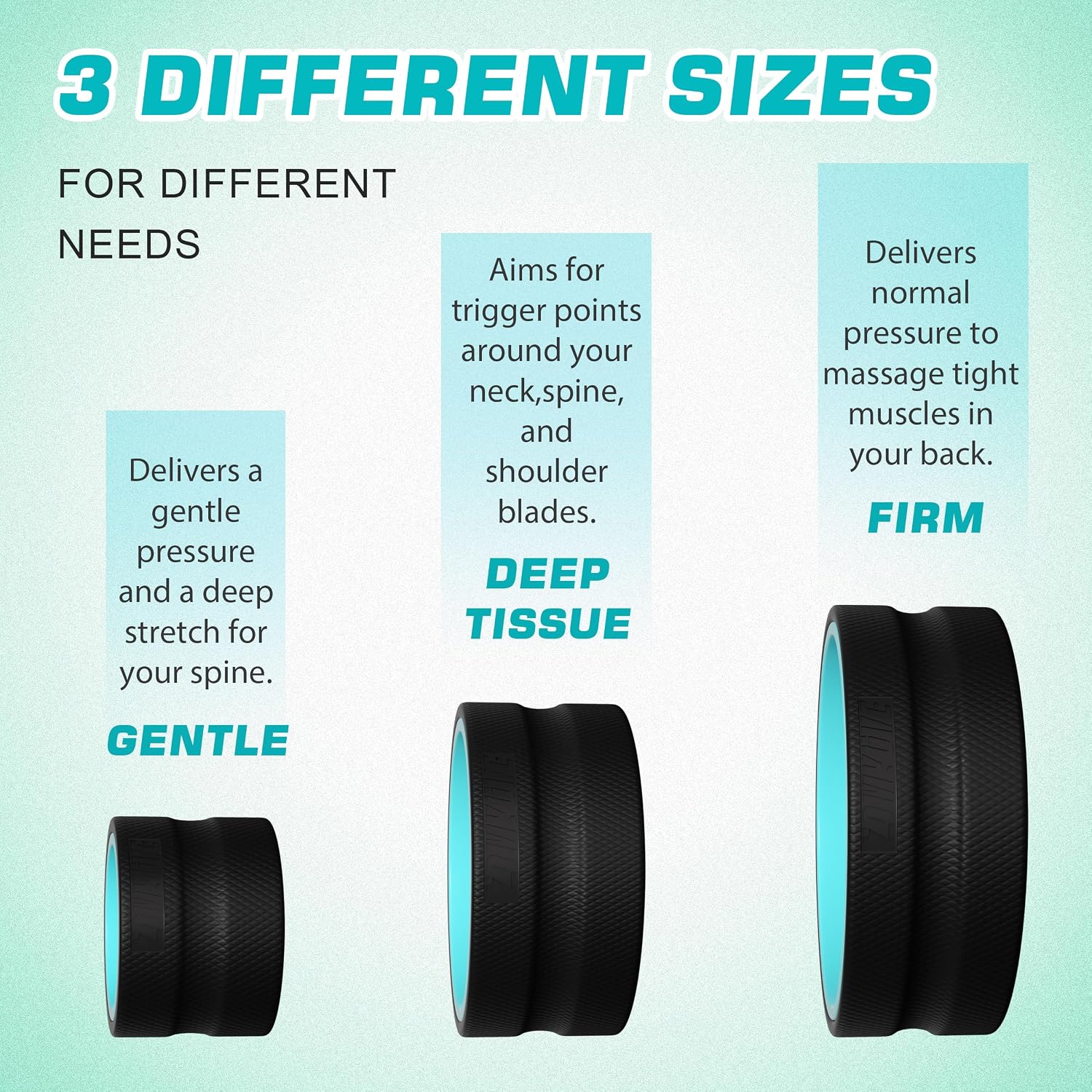 3 pack back roller - yoga wheel for back pain relief & stretching, back wheel for deep tissue massage, foam roller for physical therapy & exercise | blue - view 5
