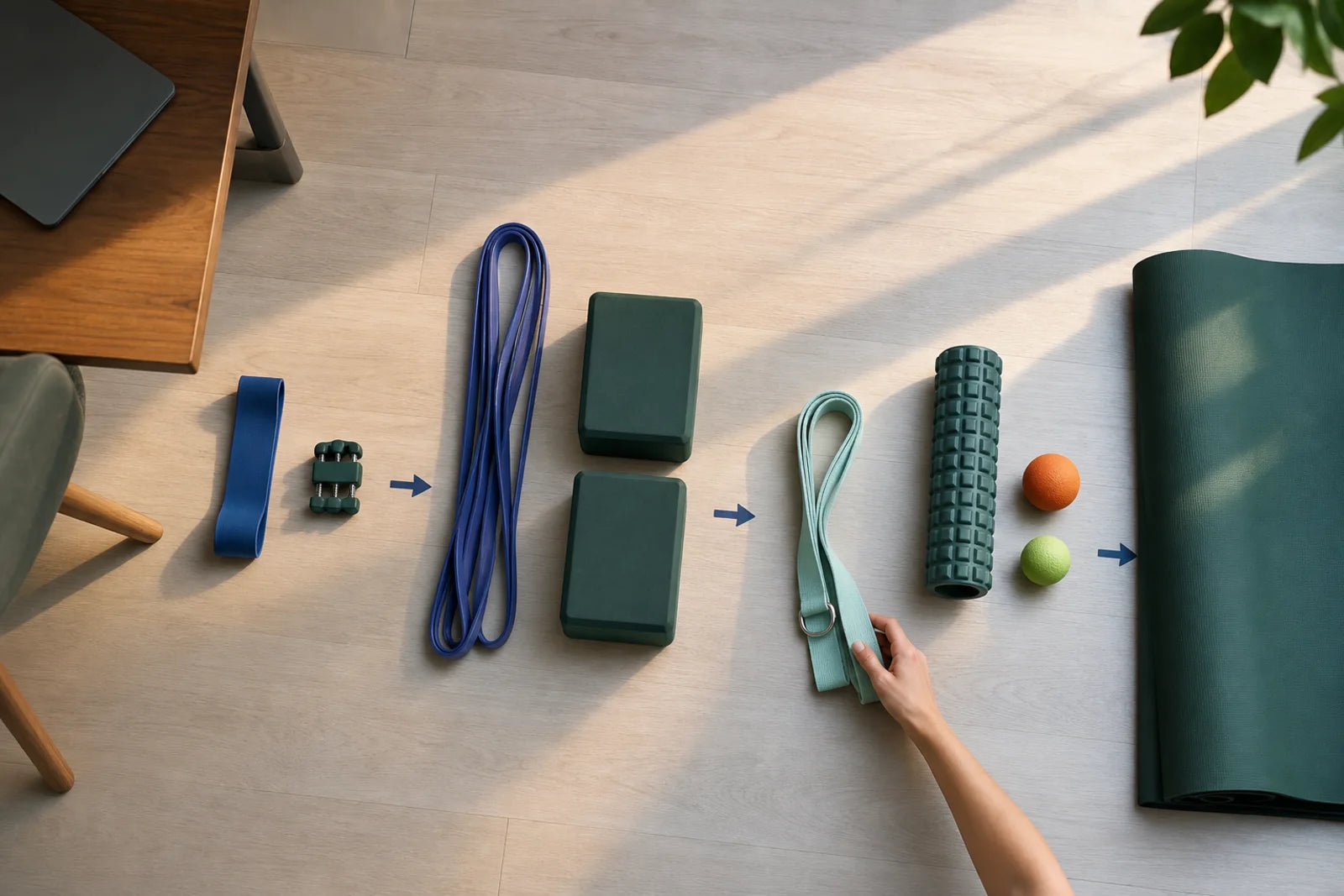 A top-down home routine map moving from a desk break to warm-up and cooldown tools.