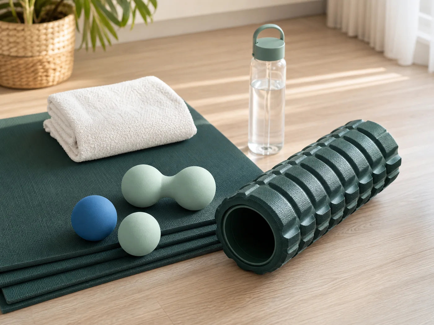 A manual roller and massage balls set beside a mat for a cooldown routine.