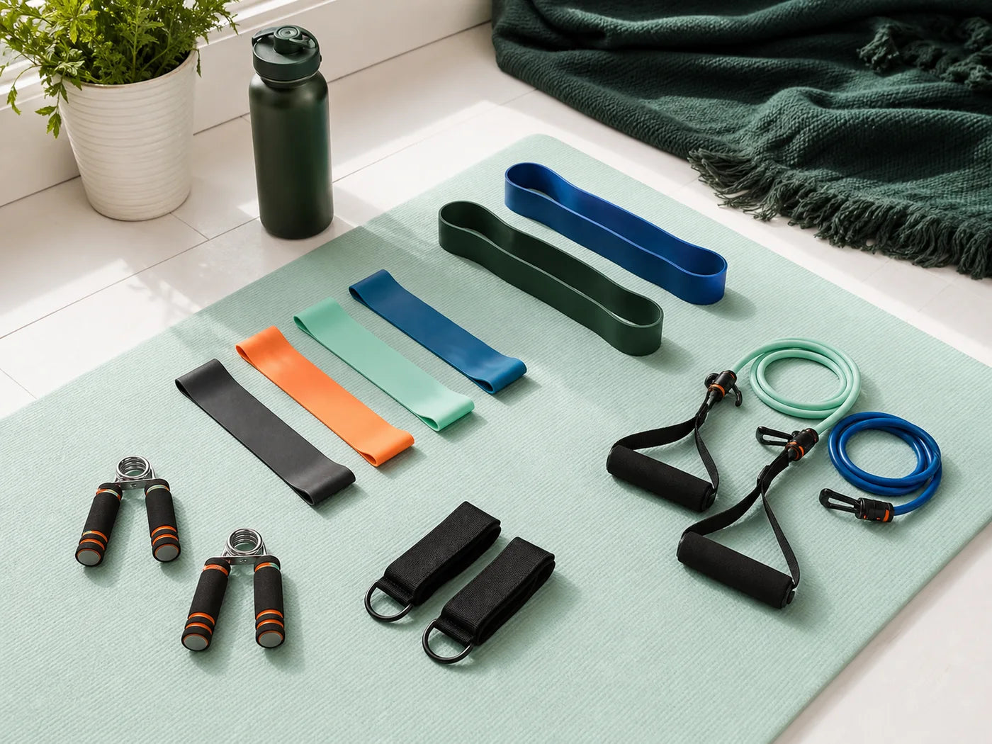 Resistance bands, handles, and grip trainers arranged for a home strength routine.