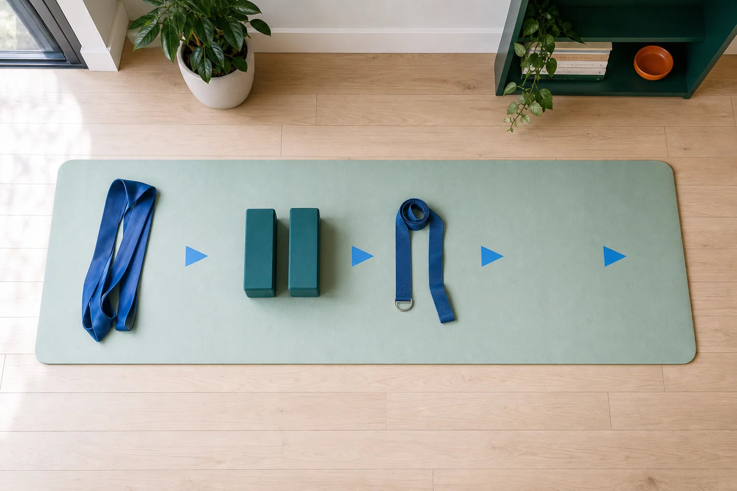 A simple at-home mobility routine laid out with a strap, blocks, and long band.