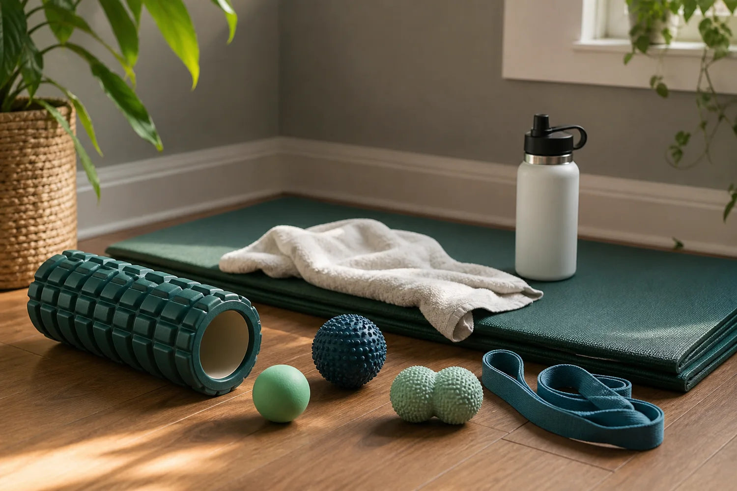 Manual cooldown tools arranged beside a towel after an at-home workout.